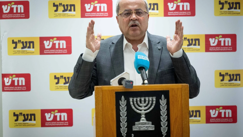 Israeli Arab lawmaker Ahmad Tibi of the Hadash-Ta'al Party speaks at a faction meeting at the Knesset, Feb. 19, 2024. Photo by Yonatan Sindel/Flash90.