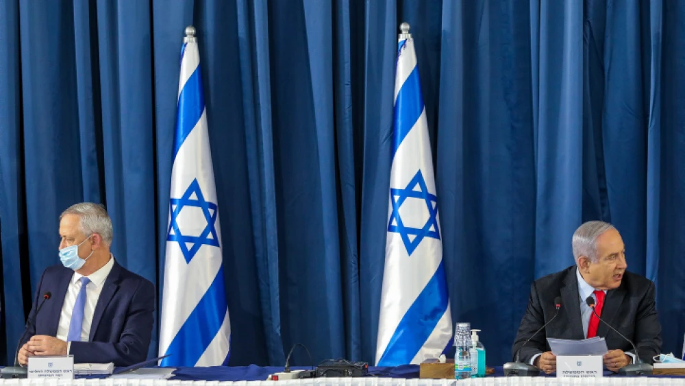 Israeli Prime Minister Benjamin Netanyahu and Defense Minister Benny Gantz at the weekly Cabinet meeting, at the Foreign Ministry in Jerusalem on June 14, 2020. Photo by Marc Israel Sellem/POOL.