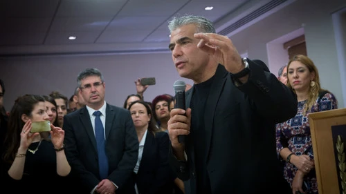 Jettisoned Israeli finance minister Yair Lapid, leader of the Yesh Atid Party, speaks during a farewell party on Dec. 4 in his honor at the Ministry of Finance in Jerusalem. Lapid and Justice Minister Tzipi Livni were dismissed from Israeli Prime Minister Benjamin Netanyahu's coalition on Dec. 2, 2017. Credit: Miriam Alster/Flash90.