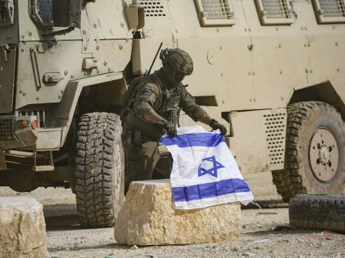 Israeli soldiers stand guard during a protest by Palestinians who were evacuated by the IDF from their homes in the Nur Shams refugee camp in Tulkarem, in the West Bank, on Dec. 15, 2025. Photo by Nasser Ishtayeh/Flash90.