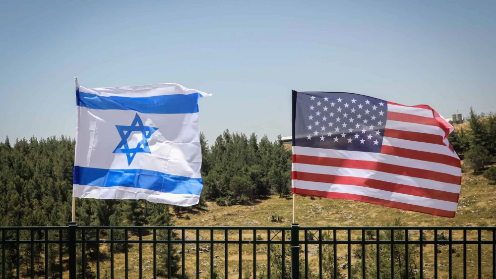 An Israeli and American flag displayed during a visit by Gov. Ron DeSantis to Gush Etzion, May 29, 2019. Photo by Gershon Elinson/Flash90.