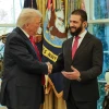 U.S. President Donald Trump welcomes Syrian President Ahmed al-Sharaa to the White House in Washington on Nov. 10, 2025. Source: @SyPresidency/X.