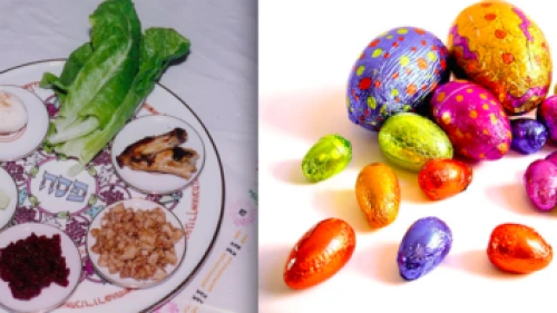A Passover seder plate and Easter eggs. Interfaith families find themselves working to balance observance of both holidays. Credit: Yoninah and Lotus Head via Wikimedia Commons.