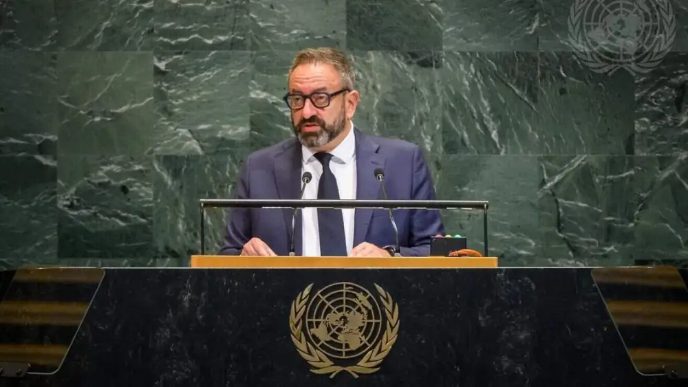 San Marino Foreign Minister Luca Beccari addresses the 80th session of the U.N. General Assembly in New York on Sept. 27, 2025. Credit: United Nations.