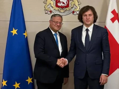 Israeli National Security Minister Itamar Ben-Gvir (left) meets with Georgia's prime minister, Irakli Kobakhidze, in Tbilisi, Aug. 24, 2025. Credit: Israeli Ministry of National Security.