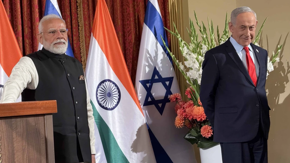 Israeli Prime Minister Benjamin Netanyahu and Indian Prime Minister Narendra Modi hold a press conference at the King David Hotel in Jerusalem, Feb. 26, 2026. Photo by Alex Traiman/JNS.
