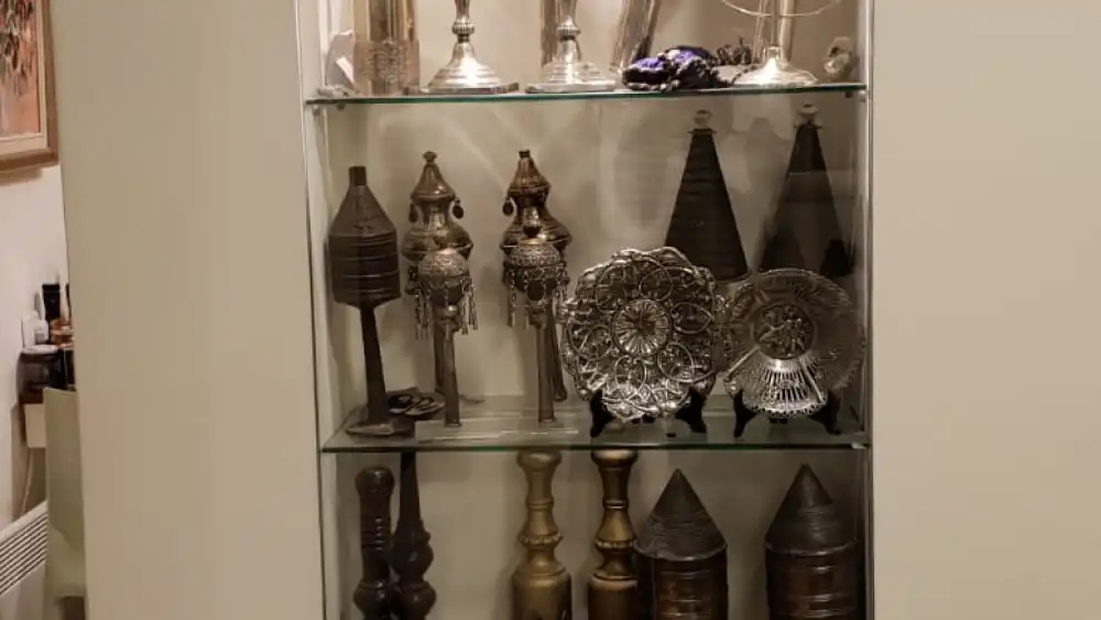 Rimonim—decorative covers for the tops of the Torah scrolls—from around the world, including Turkey, Poland, Morocco, Georgia and Cuba. Credit: Courtesy.