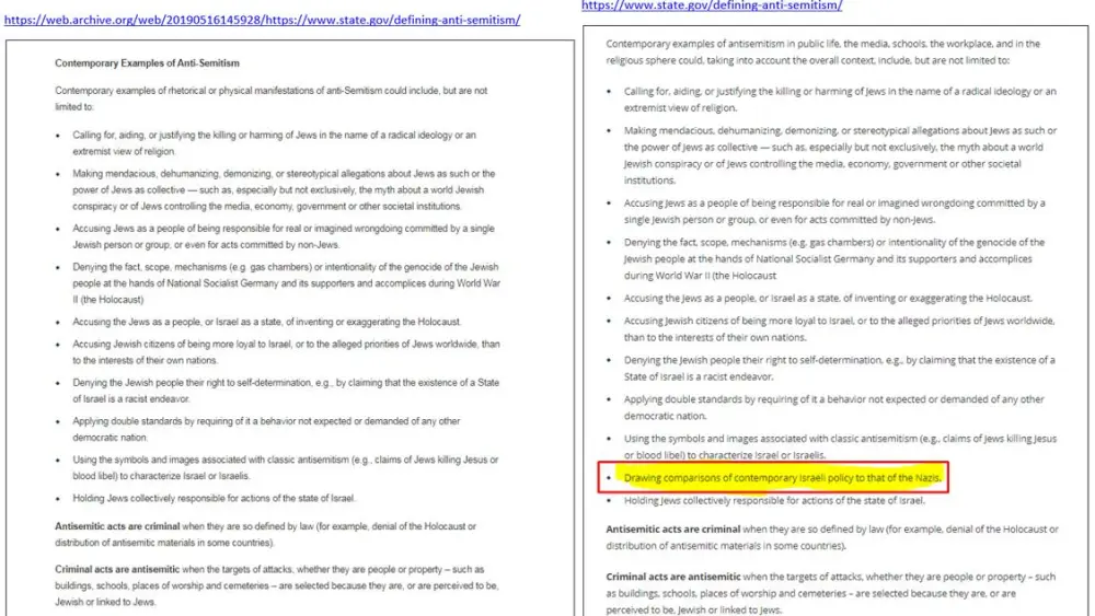 A screenshot of the State Department's website "Defining Anti-Semitism," showing that the addition of the omitted line on Israel. Credit: Screenshot.