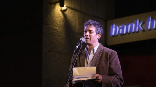 Yoaz Hendel, former advisor to Prime Minister Netanyahu, speaks during a rally against the corruption of the government at Zion Square in Jerusalem on December 23, 2017. Photo by Hadas Parush/Flash90
