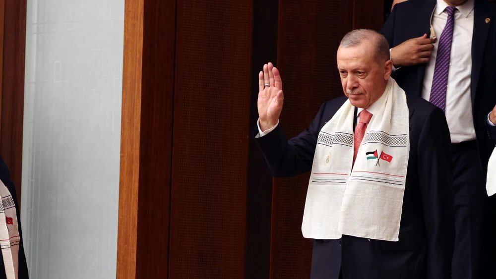 Turkey’s President Recep Tayyip Erdogan attends to listen Palestinian Authority President Mahmoud Abbas’s speech at the Turkish parliament during an extraordinary session on Aug. 15, 2024 in Ankara, Turkey. Photo by Serdar Ozsoy/Getty Images.