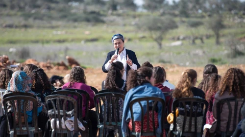 Nachala Settlement Movement founder Daniella Weiss speaks during a protest calling for return to the Evyatar outpost, near Nablus, on Feb. 18, 2022. Photo by Sraya Diamant/Flash90.