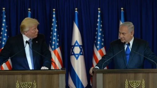 President Donald Trump (left) and Prime Minister Benjamin Netanyahu make joint remarks in Jerusalem, May 22, 2017. Credit: Haim Zach/GPO.