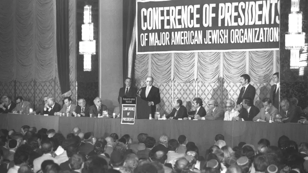 Menachem Begin addressing the Conference of Presidents of Major American Jewish Organizations in September 1978. Credit: Milner Moshe/GPO.