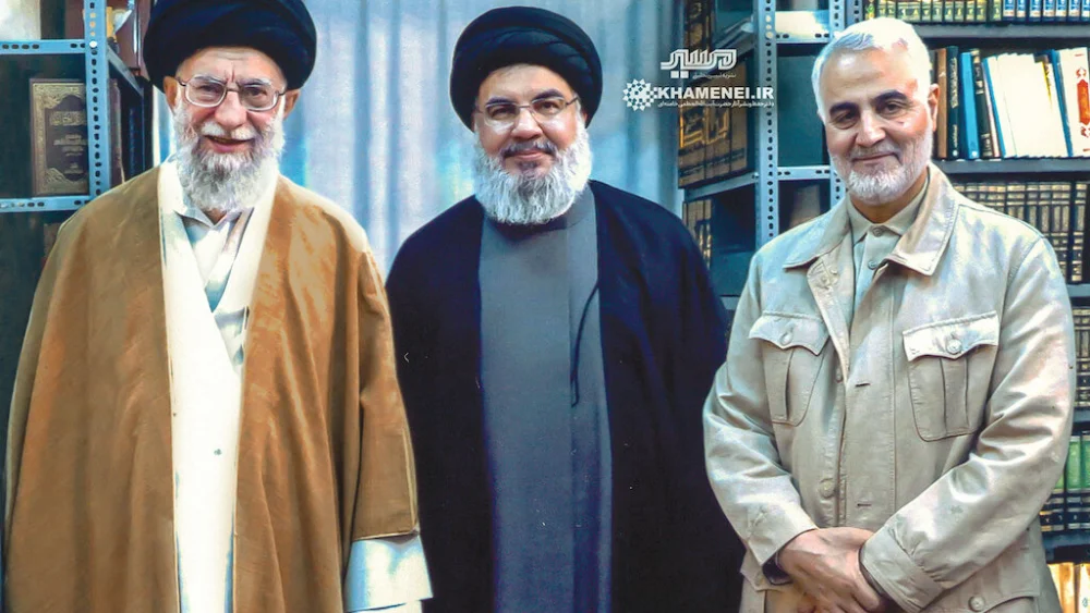 Hezbollah leader Hassan Nasrallah with Iranian Supreme Leader Ali Khamenei and Quds Force commander Qassem Soleimani.