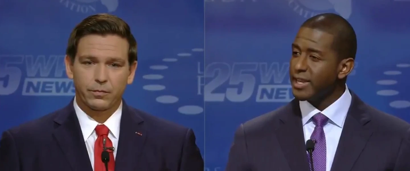 Republican Ron DeSantis squares off in a Florida gubernatorial debate with Democrat Andrew Gillum. Credit: Screenshot.