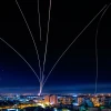 A long-exposure shot showing Israel's Iron Dome defense system firing interceptors at rockets fired from the Gaza Strip, May 16, 2021. Photo by Avi Roccah/Flash90.
