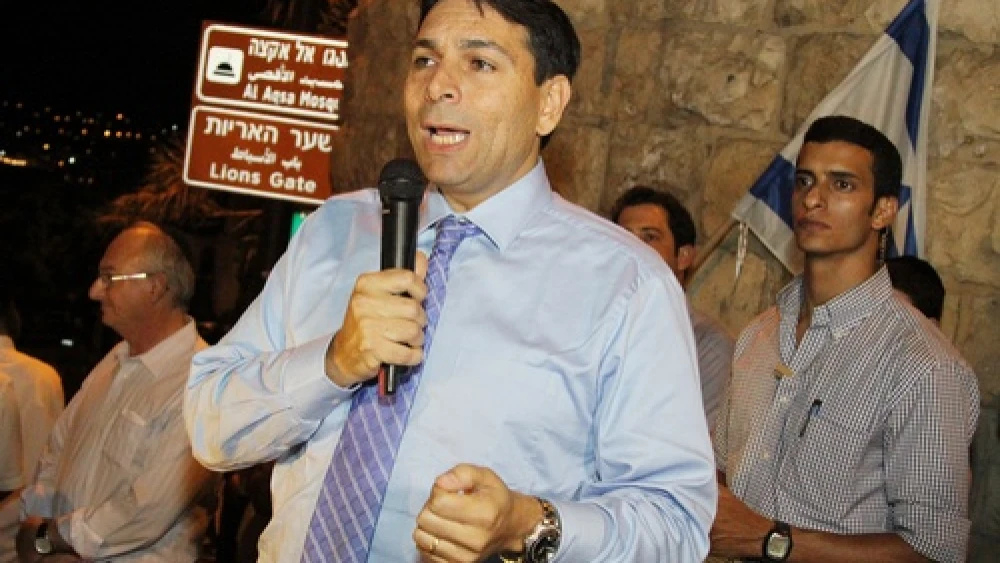 Israeli Deputy Defense Minister Danny Danon, who has been criticized by American Jewish groups for his opinion on the two-state solution, seen on July 15 speaking outside the Lion's Gate during a march attended by 3,500 Jews on the eve of Tisha B'Av, around the city walls of Jerusalem's Old City. Credit: Gershon Elinson/FLASH90.