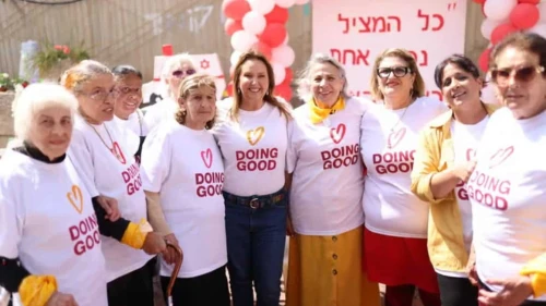 Shari Arison, 5th from right, joins women attending a Good Deeds Day event in Yavne, Israel on March 18, 2025. Photo courtesy of Roach Tova.