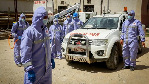 Palestinian Energy Company workers wear protective clothing and masks during their work following the outbreak of the coronavirus (COVID-19) in the Gaza Strip, April 6, 2020. Photo by Abed Rahim Khatib/Flash90.