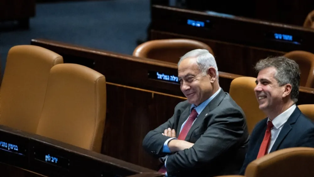 Prime Minister Benjamin Netanyahu with Foreign Minister Eli Cohen at the Knesset in Jerusalem, March 13, 2023. Photo by Yonatan Sindel/Flash90.