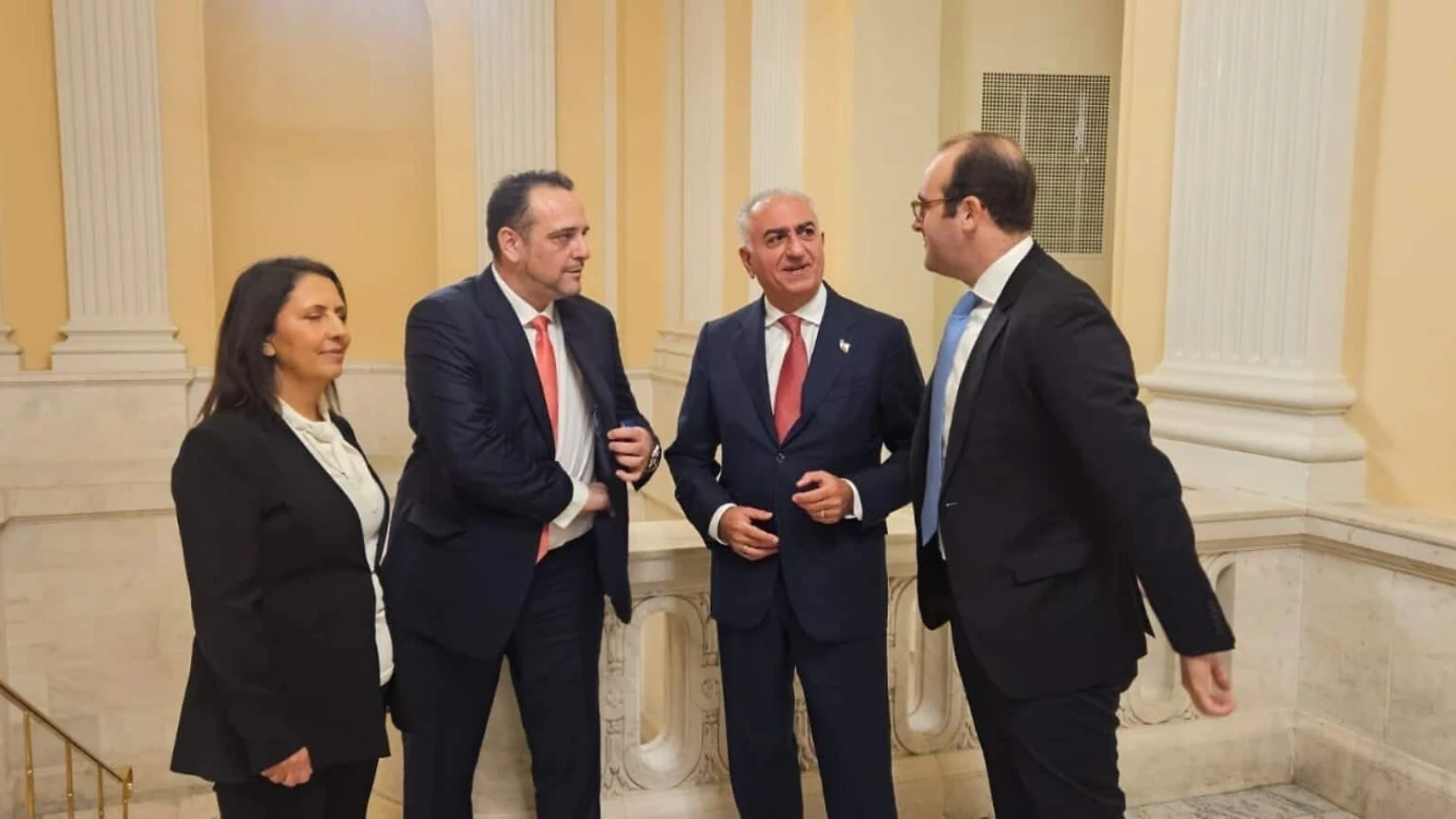 Iranian Crown Prince Reza Pahlavi (center) with Israeli Innovation, Science and Technology Minister Gila Gamliel and American lawmakers at an Israel Allies Foundation gathering on Capitol Hill in Washington, D.C., Dec. 10, 2025. Credit: Courtesy.