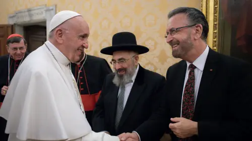 Rabbi David Rosen (far left) during a private audience with Pope Francis during the 16th Meeting of the Joint Commission of the Chief Rabbinate of Israel and the Holy See at the Vatican, November 2018. Credit: Courtesy.