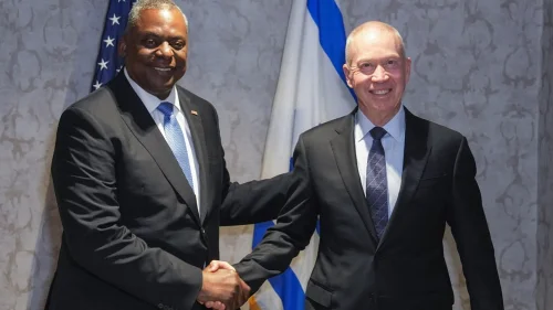 U.S. Defense Secretary Lloyd Austin, left, with Israeli Defense Minister Yoav Gallant in Brussels on June 15, 2023. Source: Twitter.