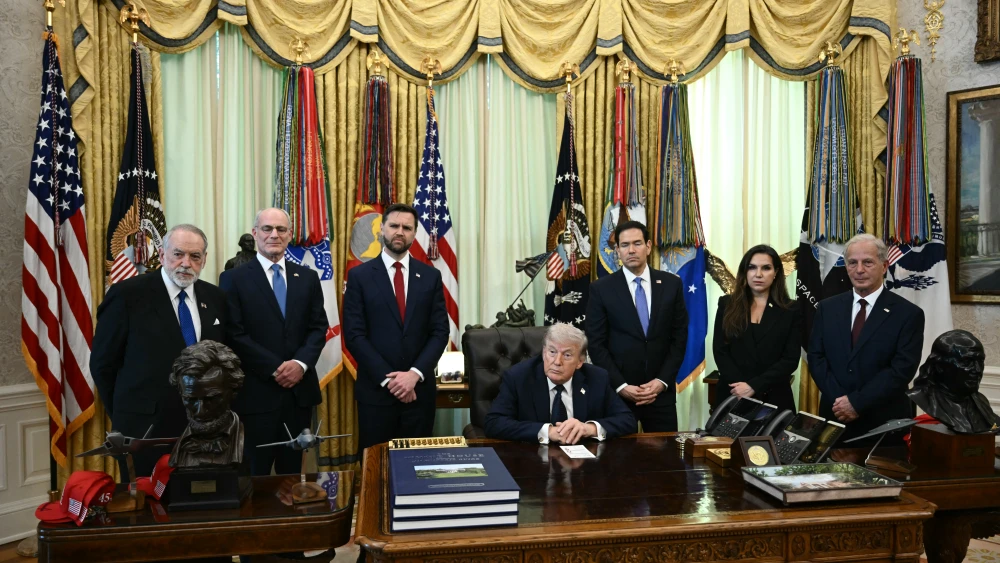 From left: U.S. Ambassador to Israel Mike Huckabee, Israeli ambassador to the United States Yechiel Leiter, U.S. Vice President JD Vance, U.S. President Donald Trump, U.S. Secretary of State Marco Rubio, Lebanese ambassador to the United States Nada Hamadeh Moawad and U.S. Ambassador to Lebanon Michel Issa listen to questions from the media during a meeting at the White House in Washington, D.C., on April 23, 2026. Photo by Brendan Smialowski/AFP via Getty Images.