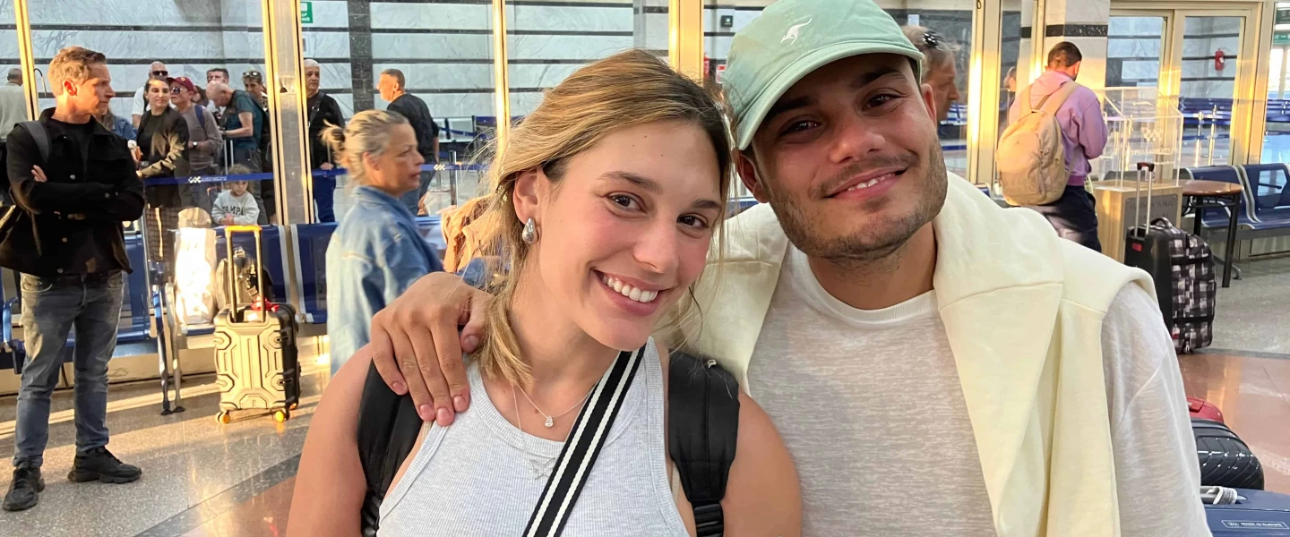 Israeli newlyweds Tohar and Amit Cohen who were stranded in Abu Dhabi on the way home from their honeymoon at the Taba International Airport, March 9, 2026. Credit: Courtesy.