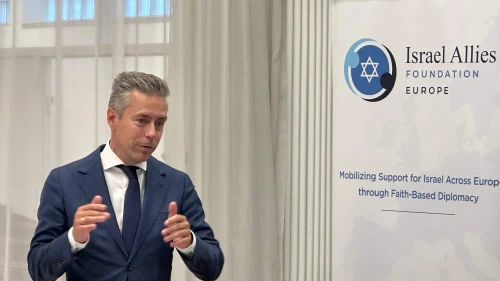 Dutch MP Chris Stoffer addresses a meeting of the Israel Allies legislators at the legislature in The Hague, Sept. 10, 2025. Credit: Israel Allies Foundation.
