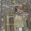 A satellite image released by the Israel Defense Forces on Sept. 27, 2018, showing three production sites near Beirut’s international airport used by Hezbollah to convert regular missiles into precision-guided missiles. Subsequently, the production plants were moved. Source: Israel Defense Forces.