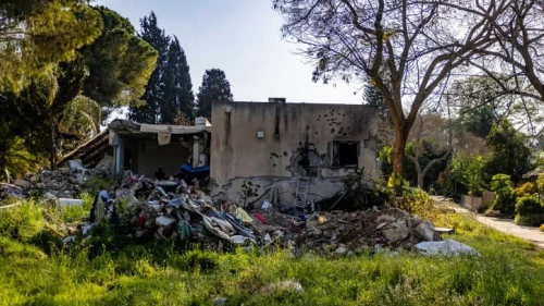 The aftermath of Hamas's Oct. 7 invasion of Kibbutz Kfar Aza in southern Israel, April 7, 2024. Photo by Chaim Goldberg/Flash90.