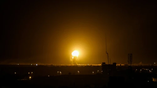 A ball of fire is seen following an Israeli air strike in Khan Yunis, in the southern Gaza Strip on Nov. 27, 2019. Photo by Abed Rahim Khatib/Flash90.
