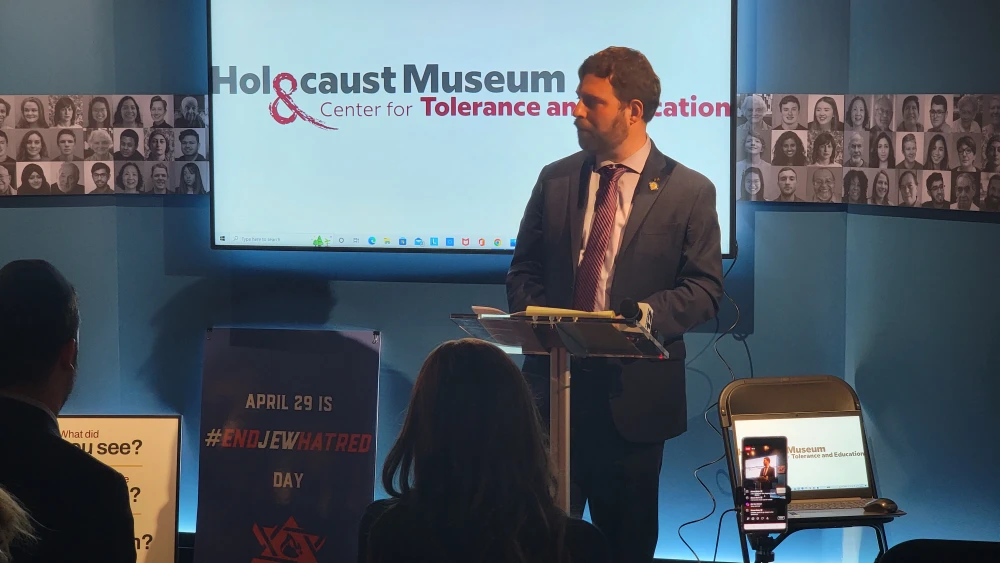 New York State Sen. Elijah Reichlin-Melnick speaks during a program declaring “End Jew Hatred Day,“ April 29, 2022. Credit: Courtesy