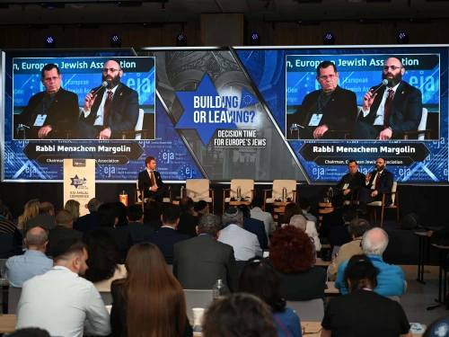 European Jewish Association Chairman Rabbi Menachem Margolin (right) Tal Rabina and Juan Soto speak at a panel discussion on antisemitism in Madrid on May 12, 2025. Photo by Yoav Dudkevitch.