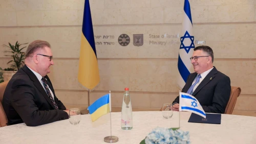 Ukrainian Deputy Prime Minister for European and Euro-Atlantic Integration Taras Kachka (left) speaks with Israeli Foreign Minister Gideon Sa'ar in Jerusalem on Dec. 3, 2025. Credit: Israel's Ministry of Foreign Affairs.