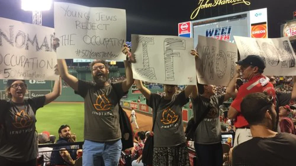 IfNotNow protesters disrupt a Boston Red Sox baseball game June 13. Source: IfNotNow via Twitter.