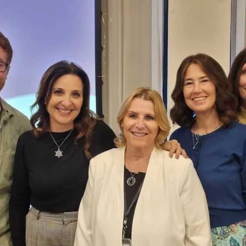 The panel at the Jerusalem Business Conference on Nov. 19, 2025, featuring Zev Levi, Fleur Hassan-Nahoum, Debbie Sassen and Heather Dean, pose with organizer Lesley Kaplan in the middle. Photo by Sharon Altshul.