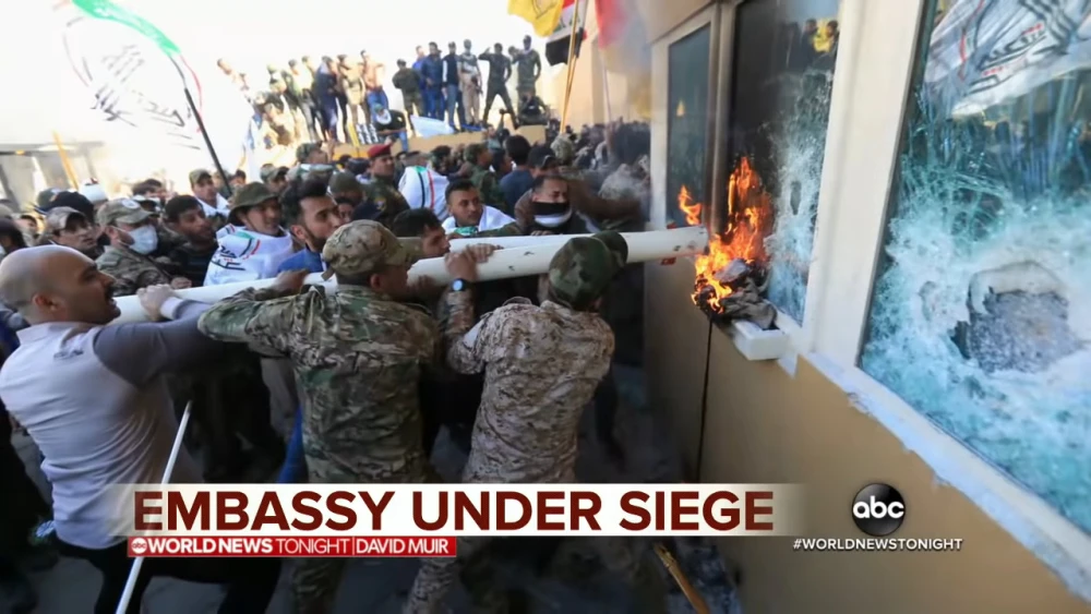 Under the orders of Iran’s Islamic Revolutionary Guard Corps, pro-Iranian militias in Iraq led mob attacks on the U.S. embassy in Baghdad on Dec. 31, 2019. Source: Screenshot.
