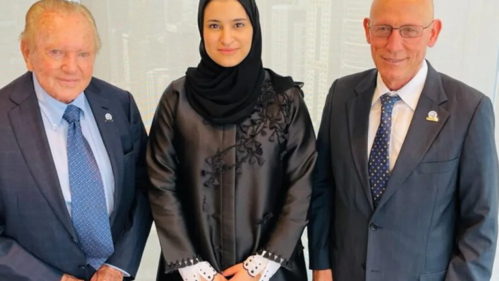 From left, SpaceIL chairman Morris Kahn, UAE Space Agency and Council of Scientists Chairwoman Sarah bint Yousef Al Amiri, and SpaceIL CEO Shimon Sarid. Photo courtesy of SpaceIL.