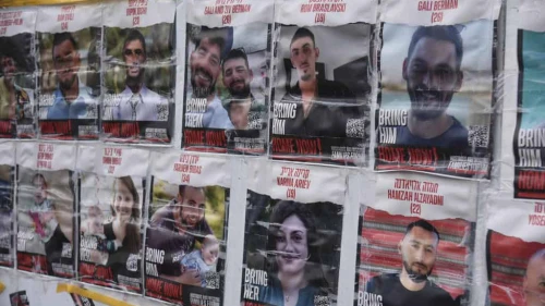 Photos of Israeli hostages held by Hamas in Gaza are seen at a protest camp near the Knesset in Jerusalem, Jan. 14, 2024. Photo by Yoav Dudkevitch/TPS.