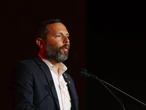 Yesha Council Chairman Israel Ganz addresses the JNS International Policy Summit in Jerusalem, April 28, 2025. Photo by Hillel Meier.