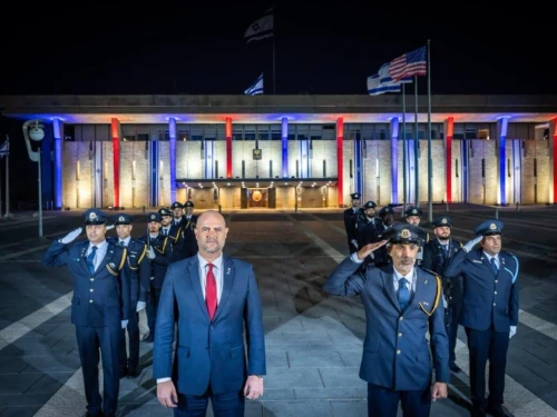 The Knesset was lit in the colors of the U.S. flag with Speaker Amir Ohana thanking President Donald Trump, June 22, 2025. Photo by Noam Moskowitz/Knesset Press Office.