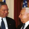 Former U.S. Secretary of State Colin Powell meets with Israeli Prime Minister-elect Ariel Sharon in 2001. Credit: Shauli Shem-Tov/Flash90.