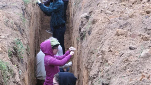 In 2012, Michael Kagan and Dror Shwartz scouted the former Novogrudok labor camp site, now an agricultural college, ultimately winning permission to bring in escapees’ descendants to dig for the tunnel—pictured here—that their ancestors used to flee. Credit: Courtesy of Michael Kagan.