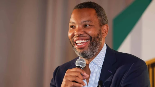 Author Ta-Nehisi Coates is seen onstage during the “Alight Align Arise: Advancing the Movement for Repair” national conference at Thompson Buckhead in Atlanta on June 7, 2023. Photo by Carol Lee Rose/Getty Images for Decolonizing Wealth Project.