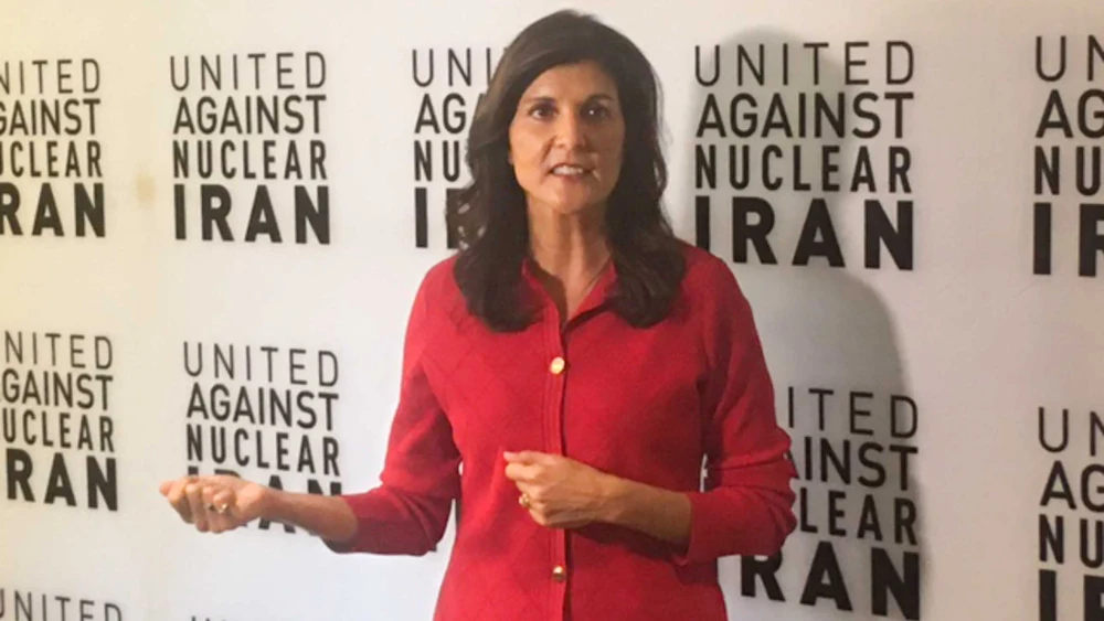 Nikki Haley, former ambassador to the U.N., speaking to press at the United Against Iran (UANI) conference in New York City, Sept. 21, 2022. Photo by David Isaac.