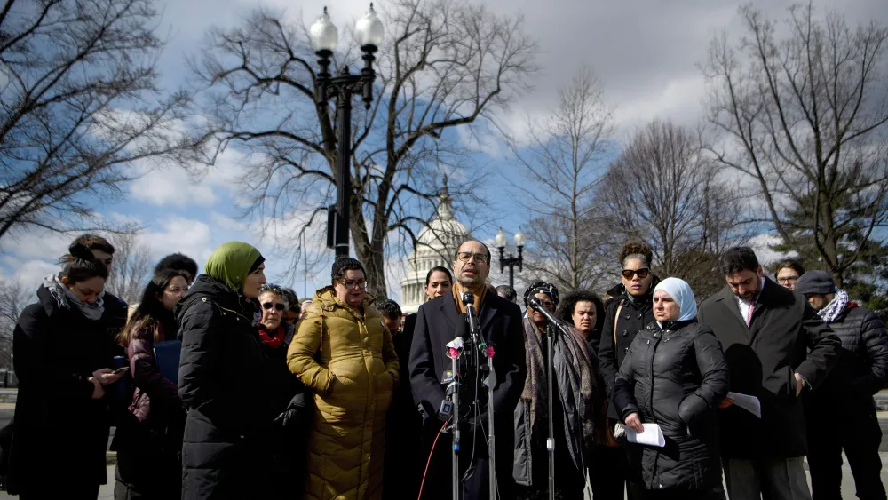 Council on American-Islamic Relations executive director Nihad Awad speaks during a press conference to support U.S. Rep. Ilhan Omar (D-Minn.) on Capitol Hill March 6, 2019 in Washington, DC. Photo by Brendan Smialowski/AFP via Getty Images.