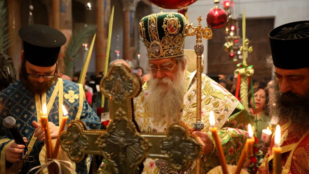 Christian worshippers attend a Palm Sunday service at the Church of the Nativity in the city of Bethlehem, April 5, 2026. Photo by Wisam Hashlamoun/Flash90.