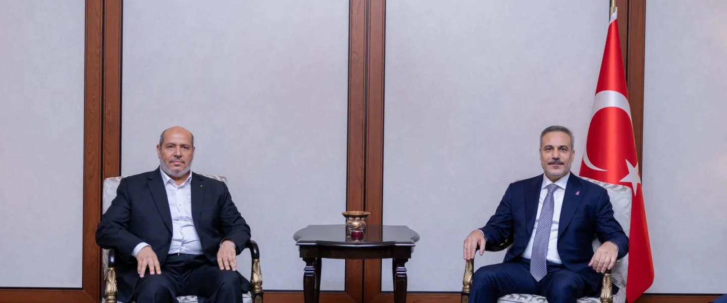 Turkish Foreign Minister Hakan Fidan (right) meets with a Hamas delegation headed by Khalil al-Hayya, chief of the terror group's "political" bureau, in Ankara, July 29, 2026. Credit: Courtesy of Turkey's Foreign Ministry.